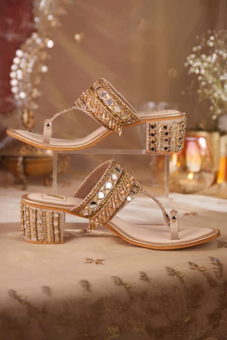 Shop House Of Vian Gold Beads, Crystals, Cut Work, Mirrors Embellished Block Heels at Aza Fashions Shop_House Of Vian_Gold Beads, Crystals, Cut Work, Mirrors Embellished Block Heels _at_Aza_Fashions
