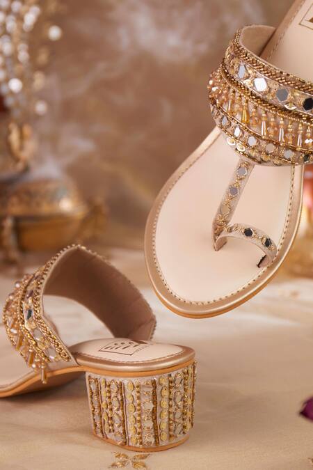 House Of Vian Gold Beads, Crystals, Cut Work, Mirrors Embellished Block Heels Online at Aza Fashions House Of Vian_Gold Beads, Crystals, Cut Work, Mirrors Embellished Block Heels _Online_at_Aza_Fashions