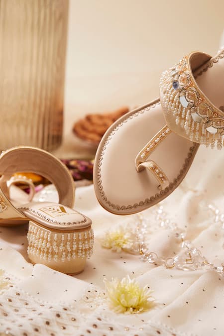 Shop House Of Vian Gold Pearls, Beads, Mirrors Embellished Block Heels at Aza Fashions Shop_House Of Vian_Gold Pearls, Beads, Mirrors Embellished Block Heels _at_Aza_Fashions