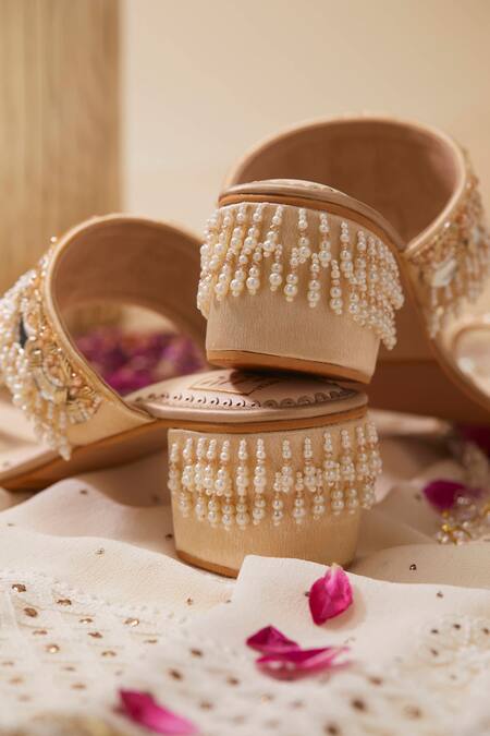 House Of Vian Gold Pearls, Beads, Mirrors Embellished Block Heels Online at Aza Fashions House Of Vian_Gold Pearls, Beads, Mirrors Embellished Block Heels _Online_at_Aza_Fashions
