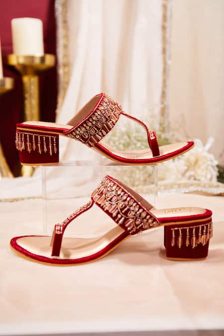 House Of Vian Red Crystal Embellished Block Heels 