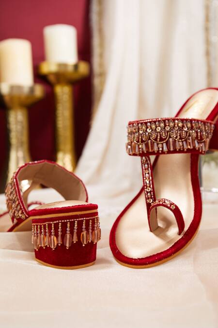 House Of Vian_Red Beads, Crystals, Cut Work Embellished Block Heels _Online_at_Aza_Fashions