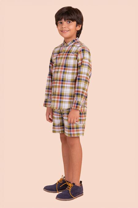 Partykles_Multi Color Cotton Checkered Shirt And Shorts Set _Online_at_Aza_Fashions