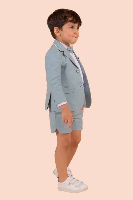 Shop Partykles Blue Linen Brooches Solid Blazer And Shorts Set at Aza Fashions Shop_Partykles_Blue Linen Brooches Solid Blazer And Shorts Set_at_Aza_Fashions