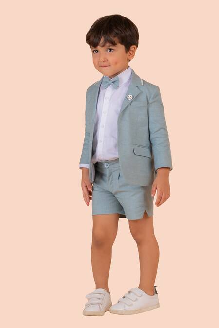 Partykles Blue Linen Brooches Solid Blazer And Shorts Set Online at Aza Fashions Partykles_Blue Linen Brooches Solid Blazer And Shorts Set_Online_at_Aza_Fashions