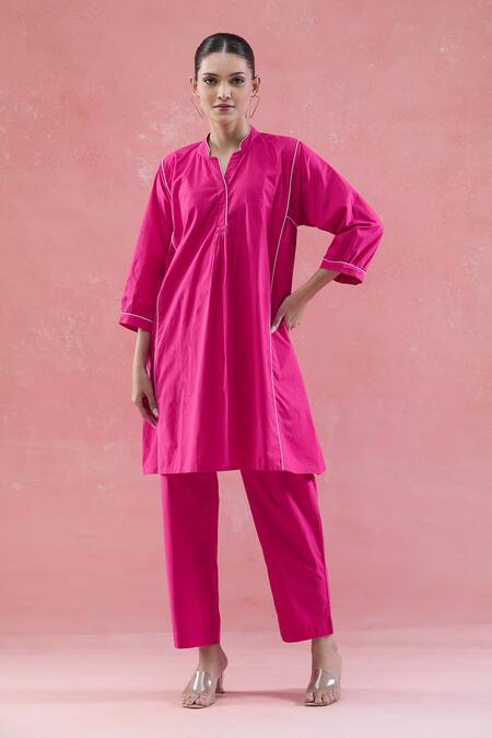 Buy_Naintara Bajaj_Pink Cotton Mandarin Collar Kurta Set _Online_at_Aza_Fashions