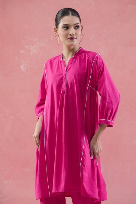 Shop_Naintara Bajaj_Pink Cotton Mandarin Collar Kurta Set _Online_at_Aza_Fashions