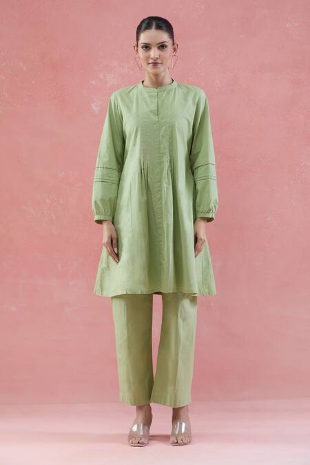 Buy_Naintara Bajaj_Green Cotton Mandarin Collar Pintucked Kurta Set 