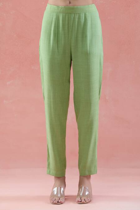 Buy_Samyukta Singhania_Green Cotton Collared Asymmetric Kurta Set_Online_at_Aza_Fashions