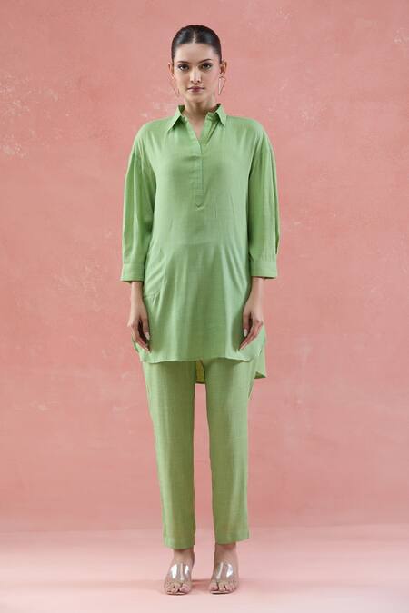 Buy_Samyukta Singhania_Green Cotton Collared Asymmetric Kurta Set