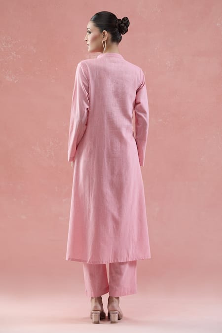 Shop Naintara Bajaj Pink Cotton Mandarin Collar Pintucked Kurta Set at Aza Fashions Shop_Naintara Bajaj_Pink Cotton Mandarin Collar Pintucked Kurta Set _at_Aza_Fashions