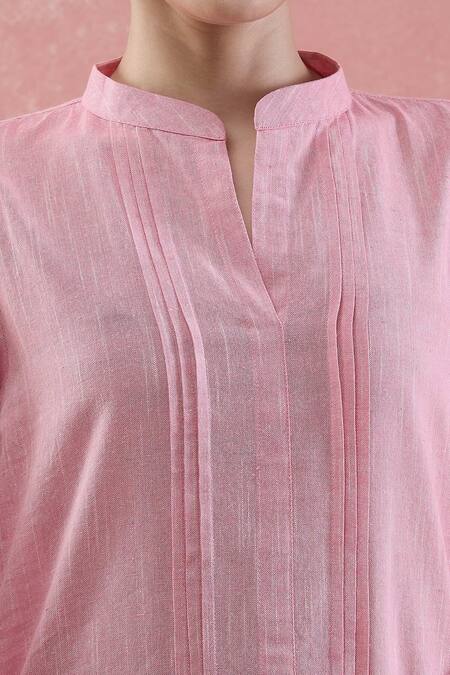 Naintara Bajaj Pink Cotton Mandarin Collar Pintucked Kurta Set Online at Aza Fashions Naintara Bajaj_Pink Cotton Mandarin Collar Pintucked Kurta Set _Online_at_Aza_Fashions
