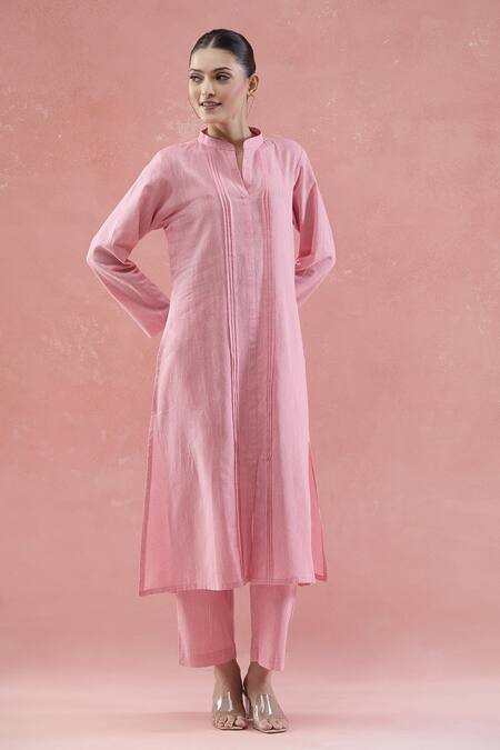 Shop Naintara Bajaj Pink Cotton Mandarin Collar Pintucked Kurta Set Online at Aza Fashions Shop_Naintara Bajaj_Pink Cotton Mandarin Collar Pintucked Kurta Set _Online_at_Aza_Fashions