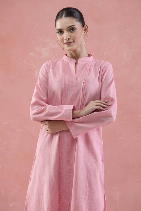 Naintara Bajaj Pink Cotton Mandarin Collar Pintucked Kurta Set at Aza Fashions Naintara Bajaj_Pink Cotton Mandarin Collar Pintucked Kurta Set _at_Aza_Fashions