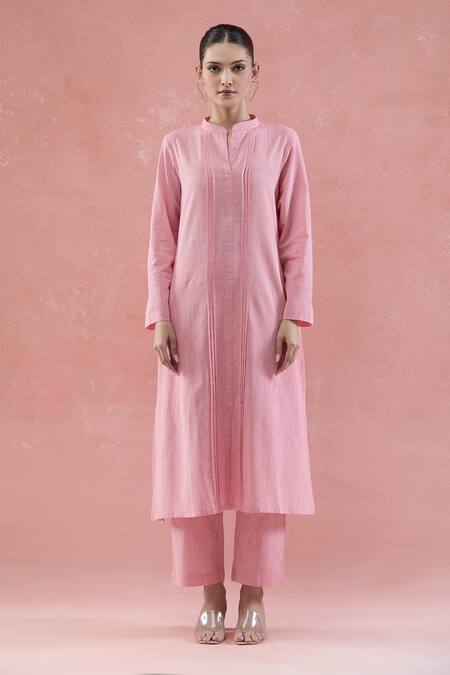 Buy Naintara Bajaj Pink Cotton Mandarin Collar Pintucked Kurta Set Buy_Naintara Bajaj_Pink Cotton Mandarin Collar Pintucked Kurta Set