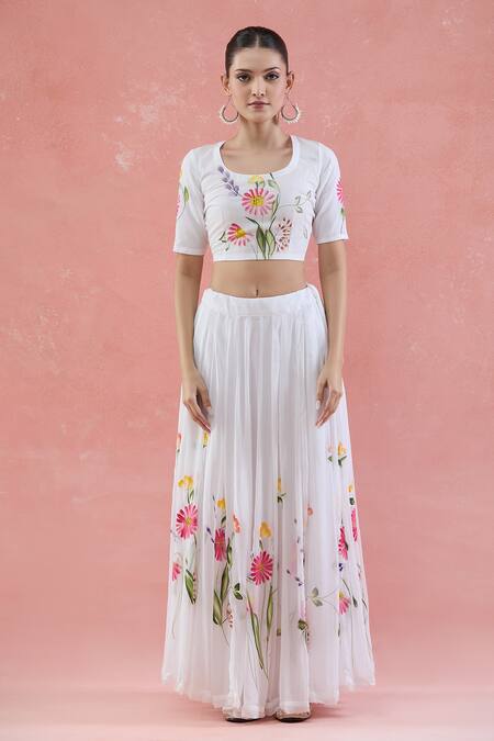 Naintara Bajaj White Chiffon Fabric Flowers Scoop Neck Floral Hand Painted Lehenga Set Online at Aza Fashions Naintara Bajaj_White Chiffon Fabric Flowers Scoop Neck Floral Hand Painted Lehenga Set _Online_at_Aza_Fashions