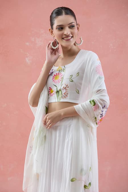 Buy Naintara Bajaj White Chiffon Fabric Flowers Scoop Neck Floral Hand Painted Lehenga Set Online at Aza Fashions Buy_Naintara Bajaj_White Chiffon Fabric Flowers Scoop Neck Floral Hand Painted Lehenga Set _Online_at_Aza_Fashions