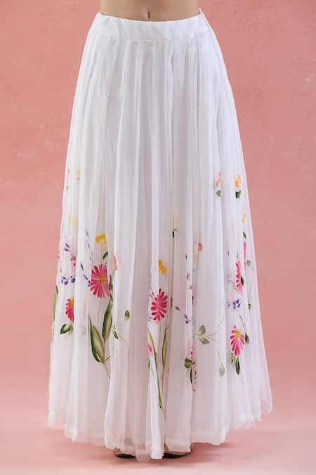 Buy Naintara Bajaj White Chiffon Fabric Flowers Scoop Neck Floral Hand Painted Lehenga Set Buy_Naintara Bajaj_White Chiffon Fabric Flowers Scoop Neck Floral Hand Painted Lehenga Set