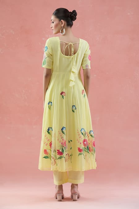 Shop Samyukta Singhania Yellow Chiffon Round Neck Floral Hand Painted Anarkali Set at Aza Fashions Shop_Samyukta Singhania_Yellow Chiffon Round Neck Floral Hand Painted Anarkali Set_at_Aza_Fashions
