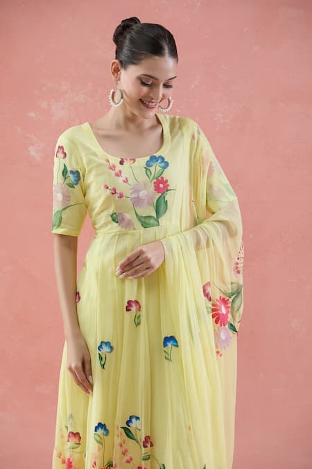 Samyukta Singhania Yellow Chiffon Round Neck Floral Hand Painted Anarkali Set Online at Aza Fashions Samyukta Singhania_Yellow Chiffon Round Neck Floral Hand Painted Anarkali Set_Online_at_Aza_Fashions