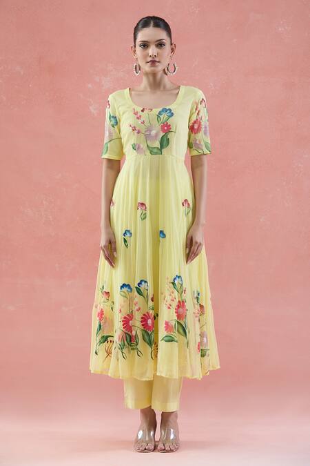 Samyukta Singhania Yellow Chiffon Round Neck Floral Hand Painted Anarkali Set at Aza Fashions Samyukta Singhania_Yellow Chiffon Round Neck Floral Hand Painted Anarkali Set_at_Aza_Fashions