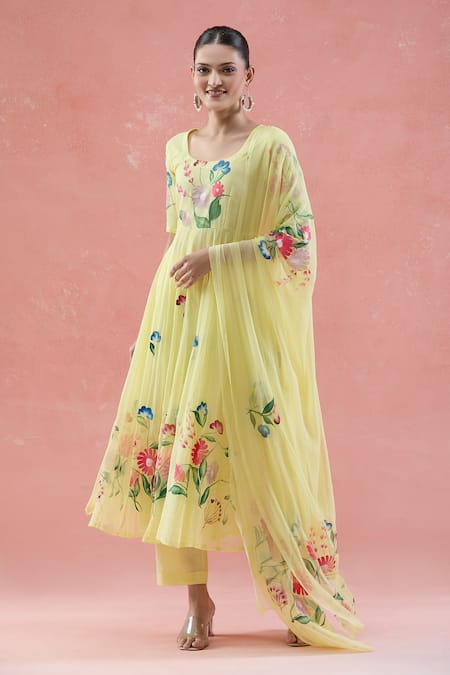 Buy Samyukta Singhania Yellow Chiffon Round Neck Floral Hand Painted Anarkali Set Buy_Samyukta Singhania_Yellow Chiffon Round Neck Floral Hand Painted Anarkali Set