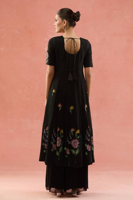 Shop_Naintara Bajaj_Black Chiffon Round Neck Hand Painted Floral Anarkali Set _at_Aza_Fashions