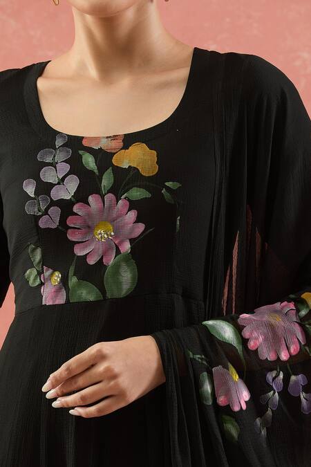 Shop_Naintara Bajaj_Black Chiffon Round Neck Hand Painted Floral Anarkali Set _Online_at_Aza_Fashions