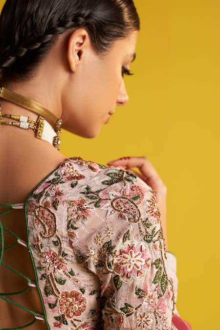 Buy_Studio Bagechaa_Multi Color Georgette, Cotton Embroidery V-neck Abstract Print Anarkali Set _Online_at_Aza_Fashions