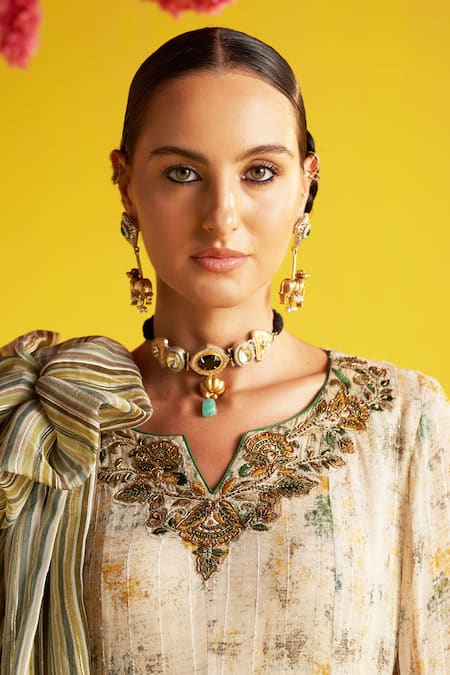 Studio Bagechaa Beige Georgette, Cotton Embroidery Round Neck Abstract Print Anarkali Set Online at Aza Fashions Studio Bagechaa_Beige Georgette, Cotton Embroidery Round Neck Abstract Print Anarkali Set _Online_at_Aza_Fashions