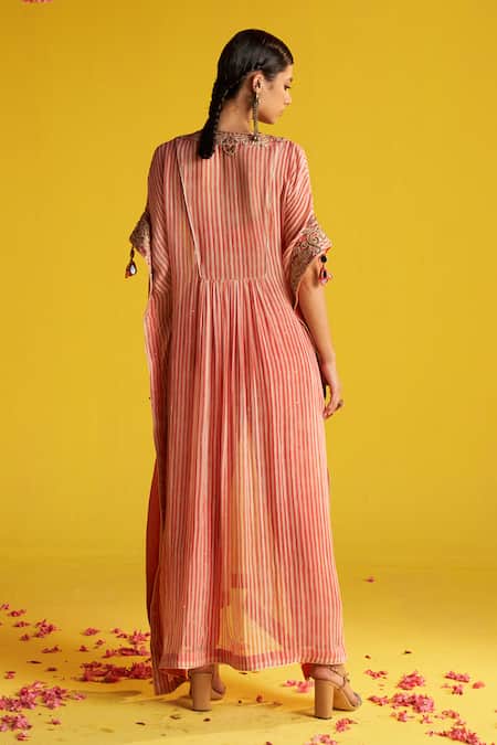 Shop_Studio Bagechaa_Ivory Georgette, Linen, Silk Embroidery V-neck Striped Bloom Kaftan Pant Set _at_Aza_Fashions