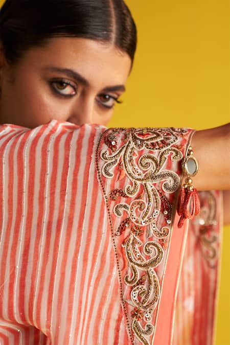 Studio Bagechaa_Ivory Georgette, Linen, Silk Embroidery V-neck Striped Bloom Kaftan Pant Set _Online_at_Aza_Fashions