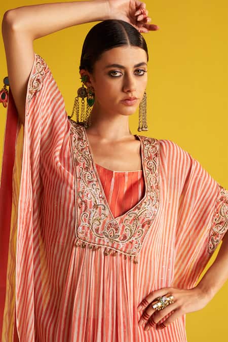 Buy_Studio Bagechaa_Ivory Georgette, Linen, Silk Embroidery V-neck Striped Bloom Kaftan Pant Set _Online_at_Aza_Fashions
