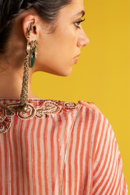 Shop_Studio Bagechaa_Ivory Georgette, Linen, Silk Embroidery V-neck Striped Bloom Kaftan Pant Set _Online_at_Aza_Fashions