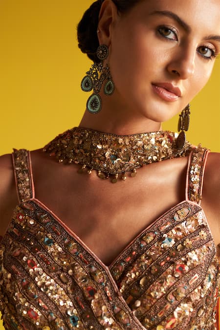 Shop Studio Bagechaa Multi Color Georgette, Cotton Sequins, Beads, Abstract Print Tiered Lehenga Set Online at Aza Fashions Shop_Studio Bagechaa_Multi Color Georgette, Cotton Sequins, Beads, Abstract Print Tiered Lehenga Set _Online_at_Aza_Fashions