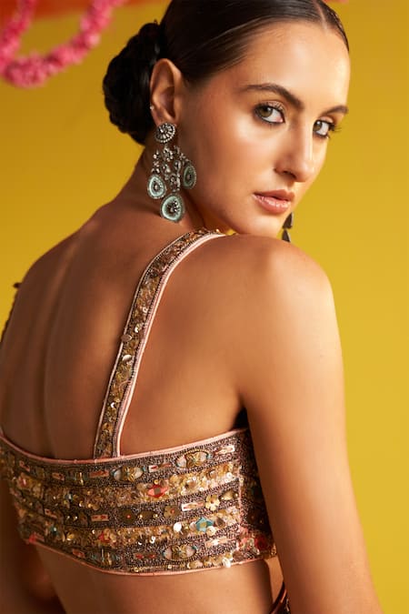 Studio Bagechaa Multi Color Georgette, Cotton Sequins, Beads, Abstract Print Tiered Lehenga Set at Aza Fashions Studio Bagechaa_Multi Color Georgette, Cotton Sequins, Beads, Abstract Print Tiered Lehenga Set _at_Aza_Fashions