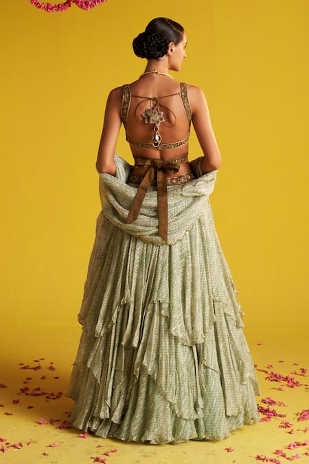 Studio Bagechaa Green Polka Printed Ruffle Lehenga Set 