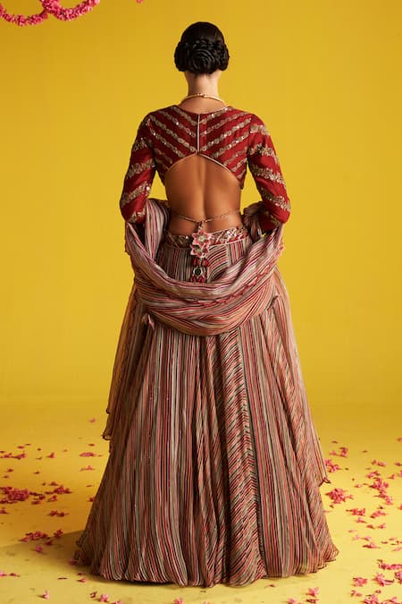 Studio Bagechaa Multi Color Floral Striped Lehenga Set 