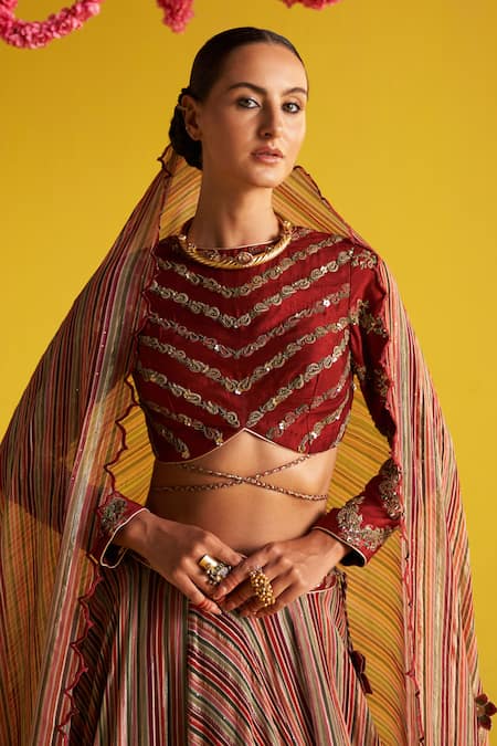 Studio Bagechaa_Maroon Georgette, Cotton Beads High Neck Multi Color Floral Striped Lehenga Set _Online_at_Aza_Fashions