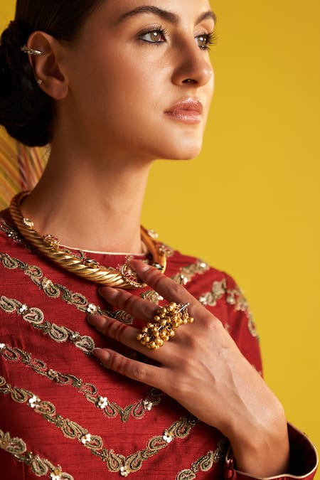 Buy_Studio Bagechaa_Maroon Georgette, Cotton Beads High Neck Multi Color Floral Striped Lehenga Set _Online_at_Aza_Fashions