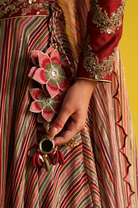 Shop_Studio Bagechaa_Maroon Georgette, Cotton Beads High Neck Multi Color Floral Striped Lehenga Set _Online_at_Aza_Fashions