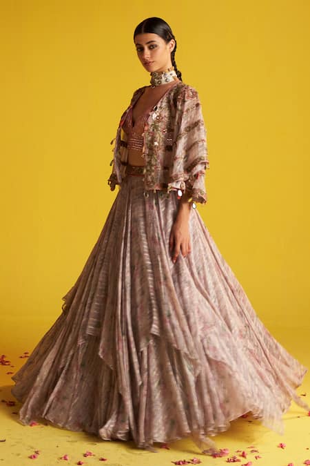 Shop Studio Bagechaa Pink Organza, Cotton Sequins Open Neck Multi Color Abstract Print Lehenga Set Online at Aza Fashions Shop_Studio Bagechaa_Pink Organza, Cotton Sequins Open Neck Multi Color Abstract Print Lehenga Set _Online_at_Aza_Fashions