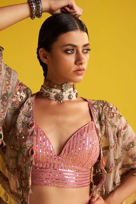 Studio Bagechaa Pink Organza, Cotton Sequins Open Neck Multi Color Abstract Print Lehenga Set at Aza Fashions Studio Bagechaa_Pink Organza, Cotton Sequins Open Neck Multi Color Abstract Print Lehenga Set _at_Aza_Fashions