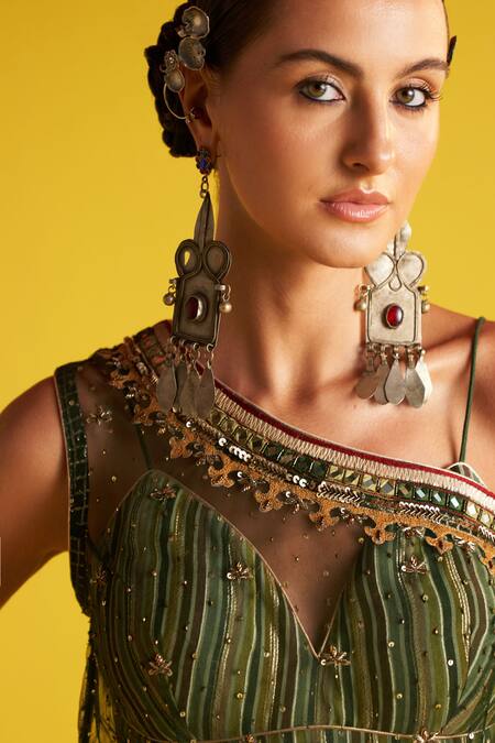 Buy Studio Bagechaa Multi Color Organza, Cotton Embroidery One Shoulder Striped Print Lehenga Set Online at Aza Fashions Buy_Studio Bagechaa_Multi Color Organza, Cotton Embroidery One Shoulder Striped Print Lehenga Set _Online_at_Aza_Fashions