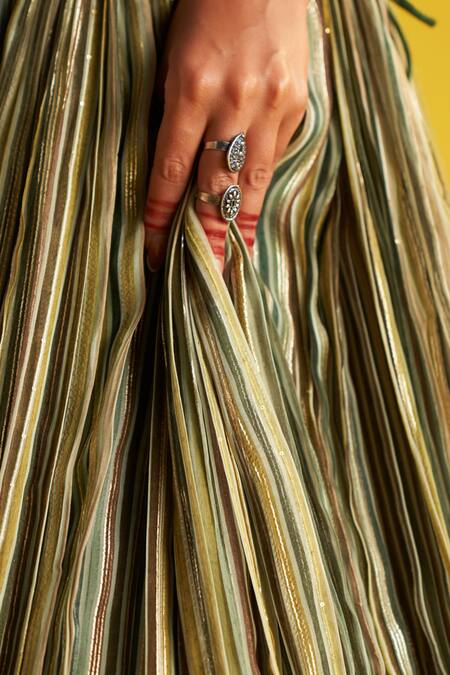 Shop Studio Bagechaa Multi Color Organza, Cotton Embroidery One Shoulder Striped Print Lehenga Set Online at Aza Fashions Shop_Studio Bagechaa_Multi Color Organza, Cotton Embroidery One Shoulder Striped Print Lehenga Set _Online_at_Aza_Fashions