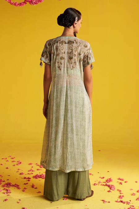 Studio Bagechaa Green Georgette, Cotton Embroidery Open Neck Polka Print Cape And Flared Pant Set Online at Aza Fashions Studio Bagechaa_Green Georgette, Cotton Embroidery Open Neck Polka Print Cape And Flared Pant Set _Online_at_Aza_Fashions