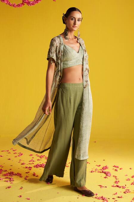Buy Studio Bagechaa Green Georgette, Cotton Embroidery Open Neck Polka Print Cape And Flared Pant Set Online at Aza Fashions Buy_Studio Bagechaa_Green Georgette, Cotton Embroidery Open Neck Polka Print Cape And Flared Pant Set _Online_at_Aza_Fashions