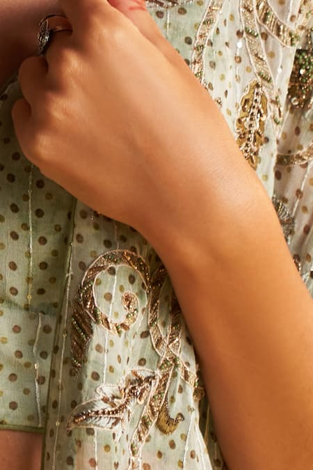 Shop Studio Bagechaa Green Georgette, Cotton Embroidery Open Neck Polka Print Cape And Flared Pant Set Online at Aza Fashions Shop_Studio Bagechaa_Green Georgette, Cotton Embroidery Open Neck Polka Print Cape And Flared Pant Set _Online_at_Aza_Fashions