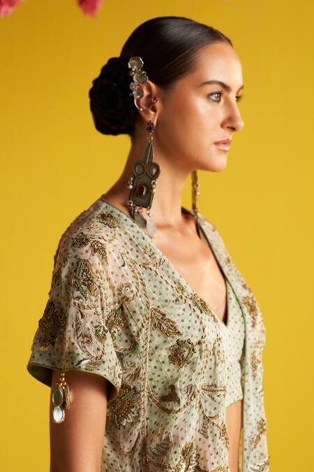 Studio Bagechaa Green Georgette, Cotton Embroidery Open Neck Polka Print Cape And Flared Pant Set at Aza Fashions Studio Bagechaa_Green Georgette, Cotton Embroidery Open Neck Polka Print Cape And Flared Pant Set _at_Aza_Fashions