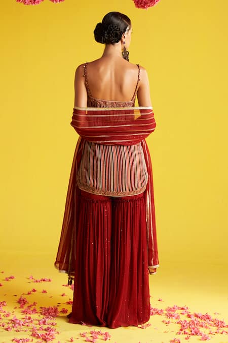 Studio Bagechaa_Maroon Organza, Cotton Embroidery, Sequins Sweetheart Floral Kurta Sharara Set _Online_at_Aza_Fashions